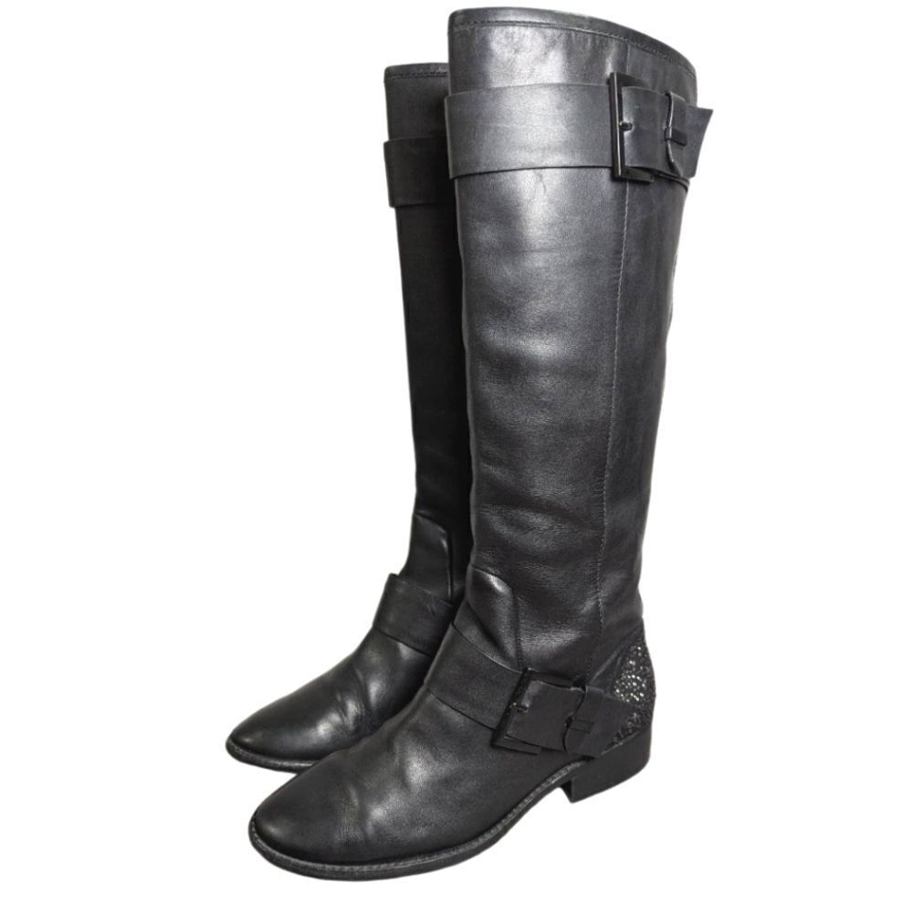 Brian Atwood Dita Black leather crystal embellished knee high riding boots 6.5